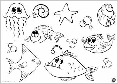 pesci nel mare da colorare - medusa, pesce lanterna, stella marina