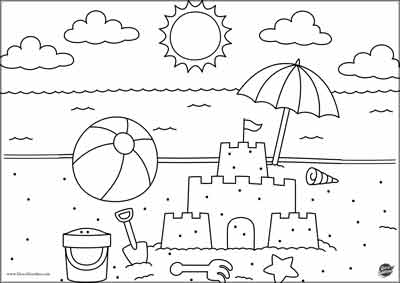 spiaggia, castello di sabbia, pallone, mare sole - disegno da colorare a tema estate per bambini