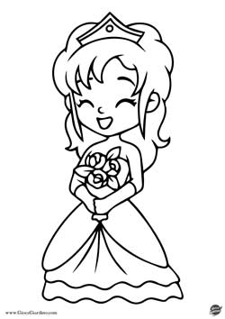sposa da colorare in stile cartoon anime con coroncina e bouquet - disegno per bambini da colorare matrimonio