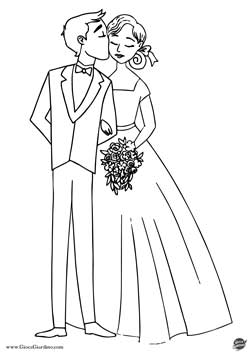 sposi eleganti ed innamorato con bouquet - immagine da colorare a tema matrimonio per bambini