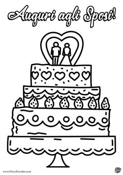 torta nuziale da colorare con scritta auguri agli sposi - disegno per bambini
