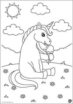 unicorno mangia un gelato su un prato fiorito con il sole -  disegno unicorno da colorare