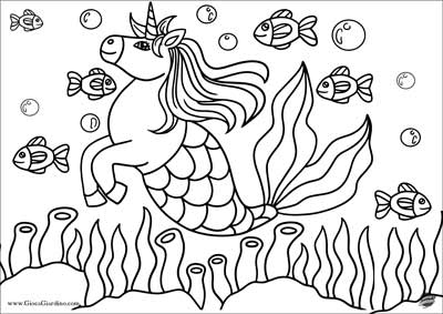 unicorno sirena da colorare con pesci