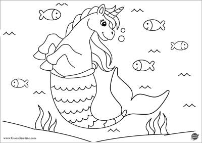 unicorno sirena da colorare nel mare con pesci