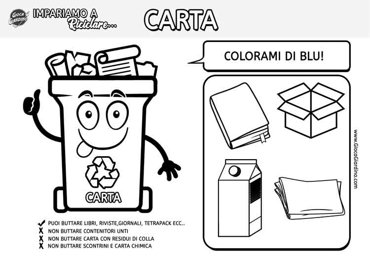 scheda raccolta differenziata da colorare per bambini - bidone della carta