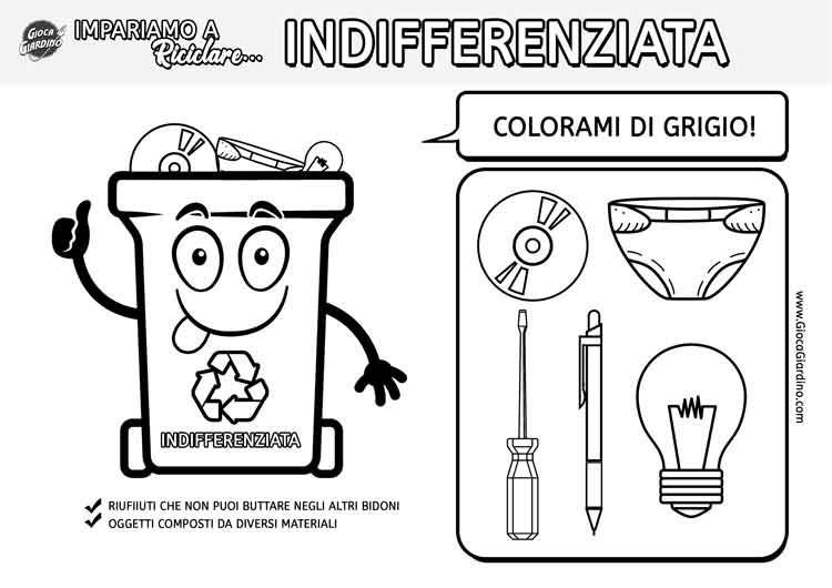 scheda raccolta differenziata da colorare per bambini - bidone indifferenziata