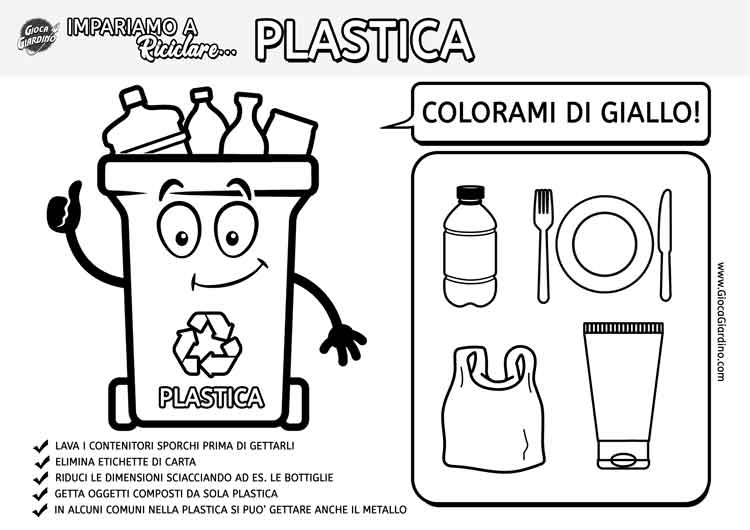 scheda raccolta differenziata da colorare per bambini - bidone della plastica