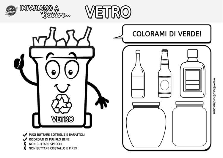 scheda raccolta differenziata da colorare per bambini - bidone vetro