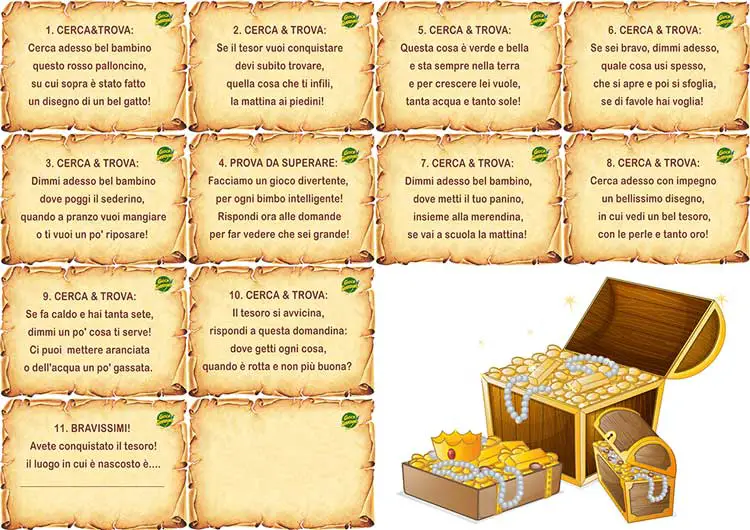 Caccia al tesoro - indovinelli per bambini di 3-5 anni da stampare