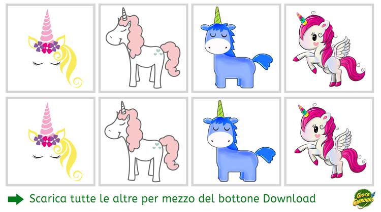 memory a tema unicorno da stampare per bambini