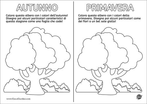 Colora l'autunno e la primavera e nota le differenze - scheda didattica per bambini infanzia da stampare