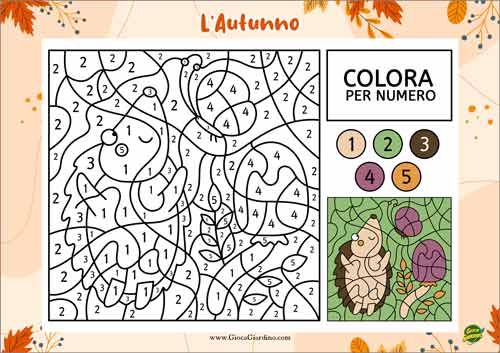 colora per numero il riccio - scheda didattica per bambini infanzia da stampare
