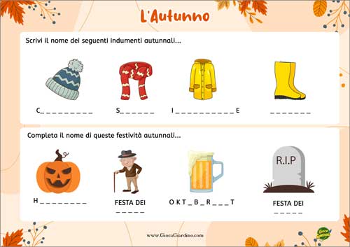 Scrivi il nome dei vestiti autunnali e delle festività - scheda didattica per bambini della scuola primaria