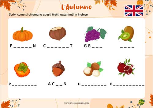 Scrivi il nome dei frutti - scheda didattica autunno in inglese