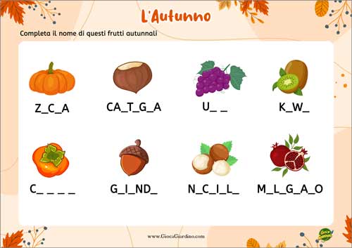 Completa il nome dei frutti autunnali - scheda didattica per bambini della prima classe da stampare