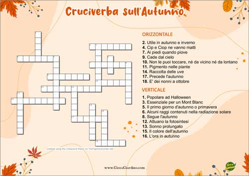 Cruciverba sull'autunno - scheda didattica per bambini dalla terza classe in poi