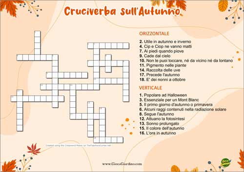 Cruciverba sull'autunno - scheda didattica per bambini dalla terza classe in poi