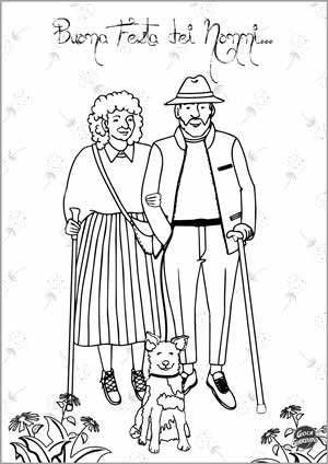 Biglietto festa dei nonni da colorare per bambini - nonni con cane