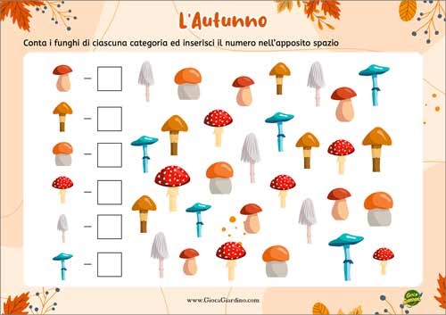 Quanti funghi sono -  scheda didattica per bambini delle scuole elementari da stampare