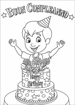 Biglietto auguri buon compleanno da stampare e colorare - bambino con torta