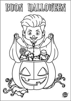 Biglietto di auguri di Halloween a colorare con un bambino vestito da Dracula e una zucca piena di dolci