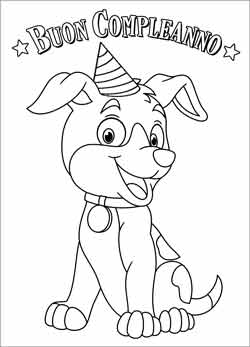 Biglietto auguri buon compleanno da stampare e colorare con cagnolino con cappellino da festa
