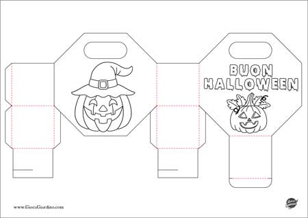 Lavoretto di Halloween per bambini in PDF da stampare - cestino dolcetto o scherzetto con zucca e scritta buon Halloween
