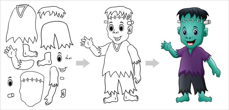 Lavoretto di Halloween per bambini in PDF da stampare - mostro Frankenstein da ritagliare, colorare e incollare