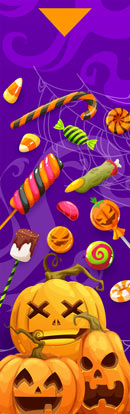 Segnalibro di Halloween da stampare gratis con tre zucche e dolcetti