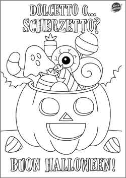 Biglietto di Halloween da stampare e colorare per bambini con una zucca piena di dolci e la scritta "dolcetto o scherzetto", "buon Halloween"