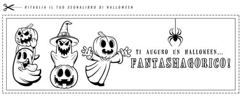 Segnalibro di Halloween da stampare e colorare con tre fantasmi con zucca