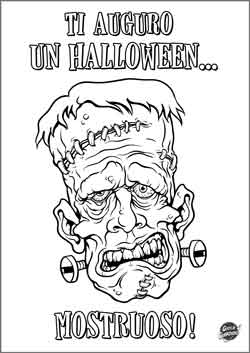 Biglietto di Halloween da colorare con la faccia di Frankenstein e la scritta ti auguro un Halloween mostruoso