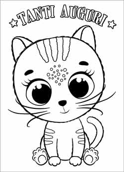 Biglietto auguri buon compleanno da stampare e colorare con gattino kawaii