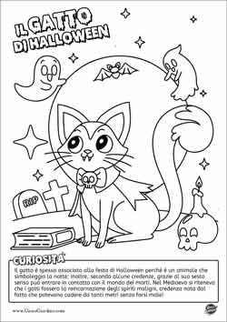 Disegno da colorare di un gatto di Halloween con la luna piena, dei fantasmi, un pipistrello e un teschio