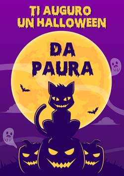 Biglietto Halloween da stampare con gatto, luna piena e zucche