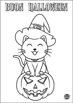Biglietto di Halloween da colorare con un gatto sopra una zucca e un cappello da strega