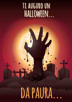 Biglietto Halloween da stampare con mano di zombi che esce dalla terra