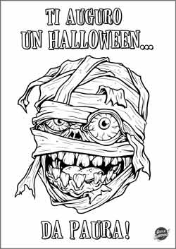 Biglietto di Halloween da colorare con la testa di una mummia e la scritta ti auguro un Halloween da paura
