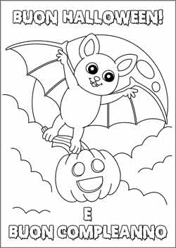 Biglietto di Halloween e buon compleanno - da stampare e colorare con un pipistrello che vola con una zucca 