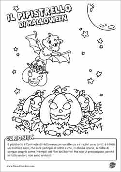 Pipistrello di Halloween da colorare con delle zucche e la luna piena