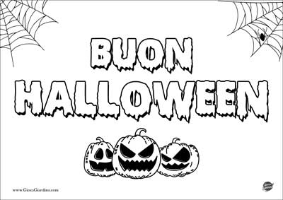 Scritta buon Halloween da colorare con tre zucche - disegno per bambini