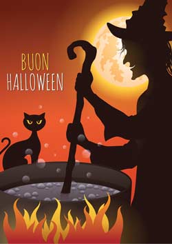 Biglietto Halloween da stampare con strega che prepara una pozione in un pentolone con un gatto nero