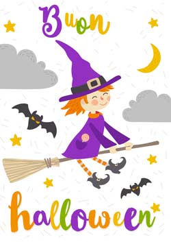 Biglietto Halloween da stampare con strega sulla scopa e pipistrelli