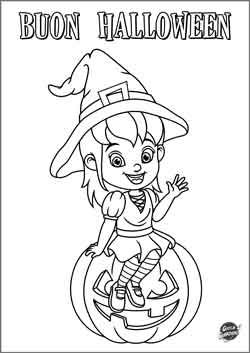 Biglietto di Halloween da stampare e colorare con una  bambina vestita da strega sopra una zucca
