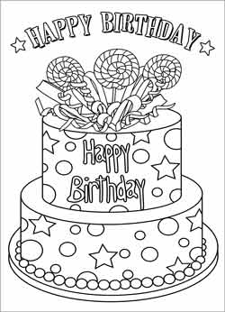 Biglietto auguri buon compleanno da stampare e colorare con torta e scritta in inglese happy birthday