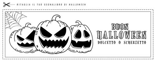 Segnalibro di Halloween da stampare e colorare con tre zucche e la scritta dolcetto o scherzetto