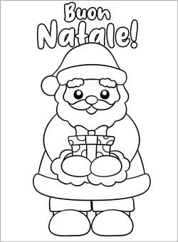 Biglietto auguri natale da stampare e colorare - Babbo Natale Kawaii con regalo in mano