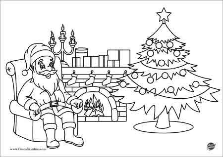 Disegno da colorare di Babbo Natale e un albero di Natale nella sua casa al polo nord