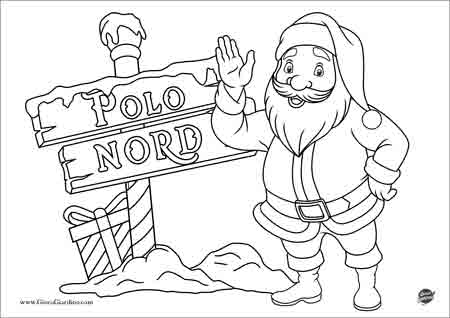 Babbo Natale vicino a un cartello con la scritta Polo Nord - disegno da colorare