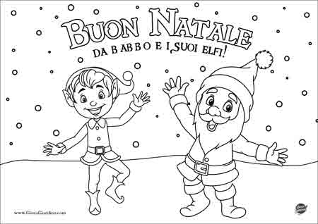 Babbo natale ed elfo che ballano sotto la neve e la scritta Buon Natale - Disegno da Colorare
